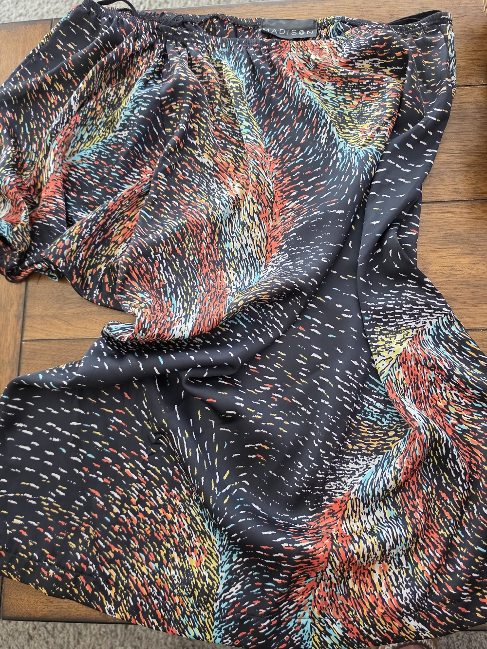 Madison Black Top with Red, Teal, Yellow & Orange Swirl Print